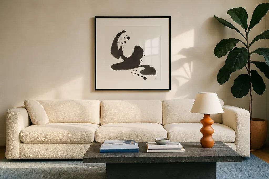 Ink Drops I by Chris Paschke. Displayed in a glass frame with matte in a clean modern living room. Available as an archival giclee rolled canvas, fine art paper, or poster print. SKU 66207a.