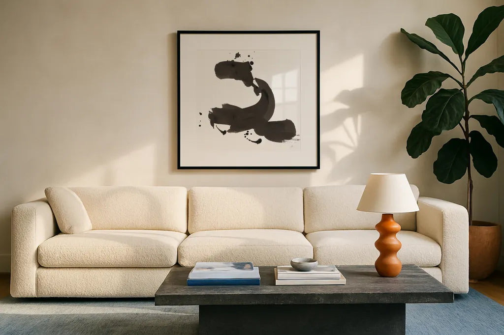 Ink Drops II by Chris Paschke. Displayed in a glass frame with matte in a clean modern living room. Available as an archival giclee rolled canvas, fine art paper, or poster print. SKU 66208a.