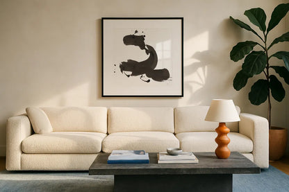 Ink Drops II by Chris Paschke. Displayed in a glass frame with matte in a clean modern living room. Available as an archival giclee rolled canvas, fine art paper, or poster print. SKU 66208a.