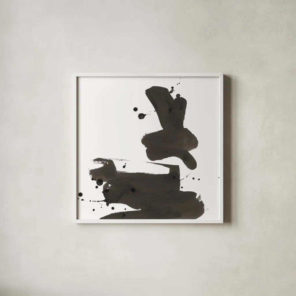 Ink Drops III by Chris Paschke. Shown in a crisp white glass frame for a clean and minimalist style. Available as an archival giclee rolled canvas, fine art paper, or poster print. SKU 66209a.