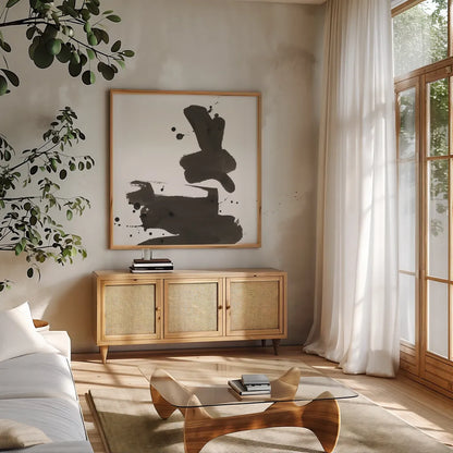 Ink Drops III by Chris Paschke. Shown in a natural wood frame in a cozy modern living room. Available as an archival giclee rolled canvas, fine art paper, or poster print. SKU 66209a.