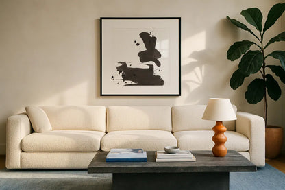 Ink Drops III by Chris Paschke. Displayed in a glass frame with matte in a clean modern living room. Available as an archival giclee rolled canvas, fine art paper, or poster print. SKU 66209a.