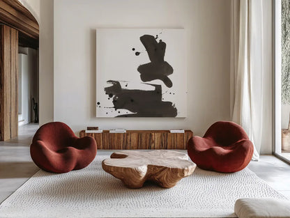 Ink Drops III by Chris Paschke. Shown as extra-large giant wall art in a modern living room. Available as an archival giclee rolled canvas, fine art paper, or poster print. SKU 66209a.