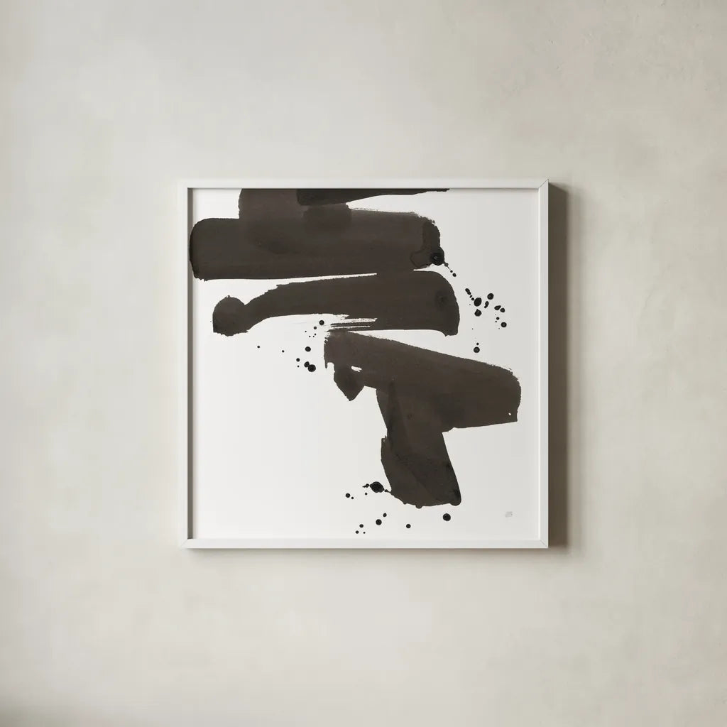 Ink Drops IV by Chris Paschke. Shown in a crisp white glass frame for a clean and minimalist style. Available as an archival giclee rolled canvas, fine art paper, or poster print. SKU 66210a.