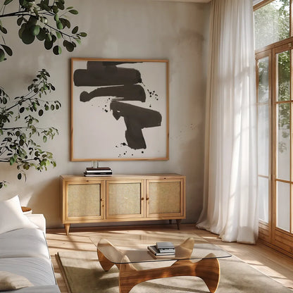 Ink Drops IV by Chris Paschke. Shown in a natural wood frame in a cozy modern living room. Available as an archival giclee rolled canvas, fine art paper, or poster print. SKU 66210a.