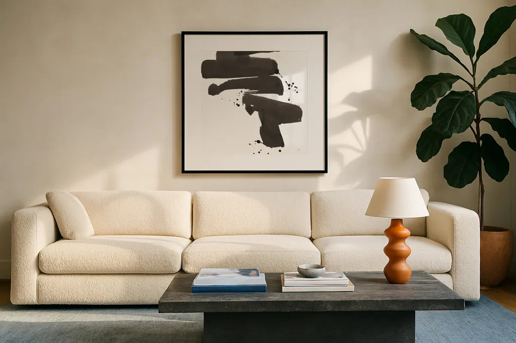 Ink Drops IV by Chris Paschke. Displayed in a glass frame with matte in a clean modern living room. Available as an archival giclee rolled canvas, fine art paper, or poster print. SKU 66210a.