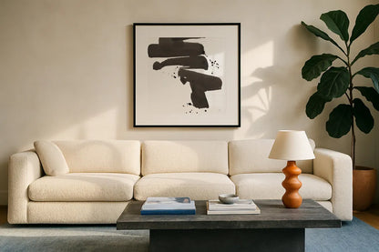 Ink Drops IV by Chris Paschke. Displayed in a glass frame with matte in a clean modern living room. Available as an archival giclee rolled canvas, fine art paper, or poster print. SKU 66210a.