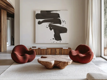 Ink Drops IV by Chris Paschke. Shown as extra-large giant wall art in a modern living room. Available as an archival giclee rolled canvas, fine art paper, or poster print. SKU 66210a.