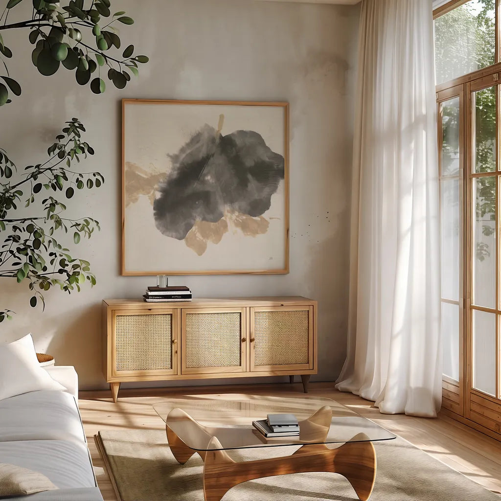 Ink Flow I by Chris Paschke. Shown in a natural wood frame in a cozy modern living room. Available as an archival giclee rolled canvas, fine art paper, or poster print. SKU 75457a.