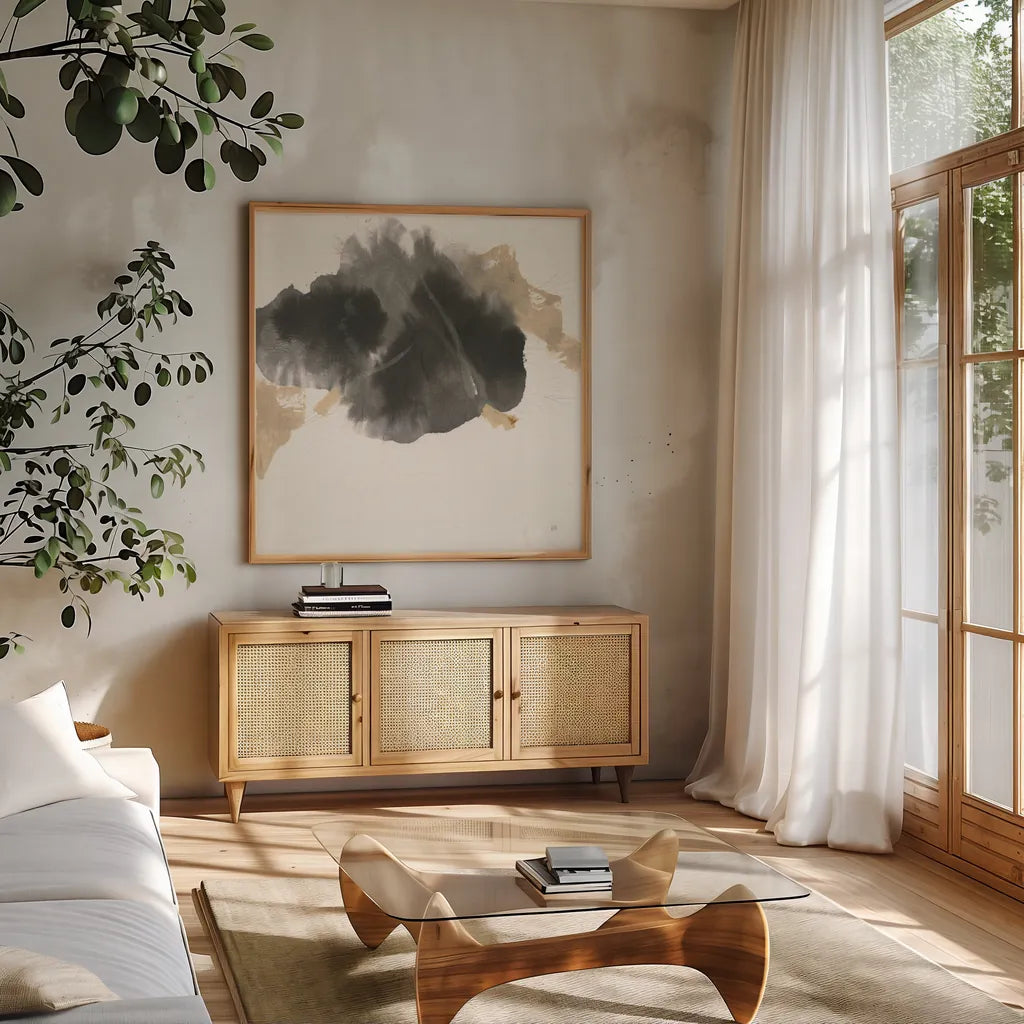 Ink Flow II by Chris Paschke. Shown in a natural wood frame in a cozy modern living room. Available as an archival giclee rolled canvas, fine art paper, or poster print. SKU 75458a.