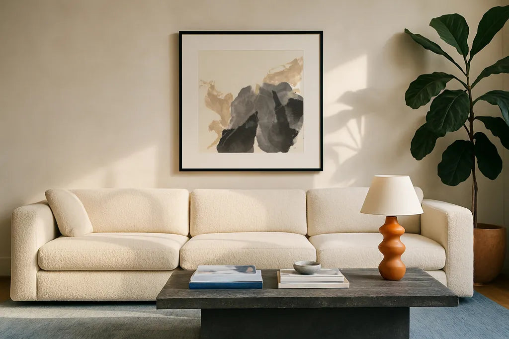 Ink Flow III by Chris Paschke. Displayed in a glass frame with matte in a clean modern living room. Available as an archival giclee rolled canvas, fine art paper, or poster print. SKU 75459a.
