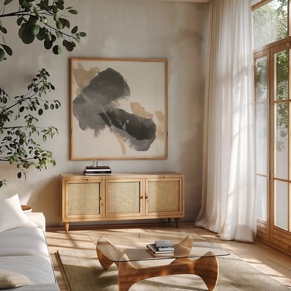 Ink Flow IV by Chris Paschke. Shown in a natural wood frame in a cozy modern living room. Available as an archival giclee rolled canvas, fine art paper, or poster print. SKU 75460a.