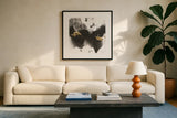 Ink Splash II by Chris Paschke. Displayed in a glass frame with matte in a clean modern living room. Available as an archival giclee rolled canvas, fine art paper, or poster print. SKU 99397a.