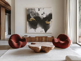 Ink Splash II by Chris Paschke. Shown as extra-large giant wall art in a modern living room. Available as an archival giclee rolled canvas, fine art paper, or poster print. SKU 99397a.