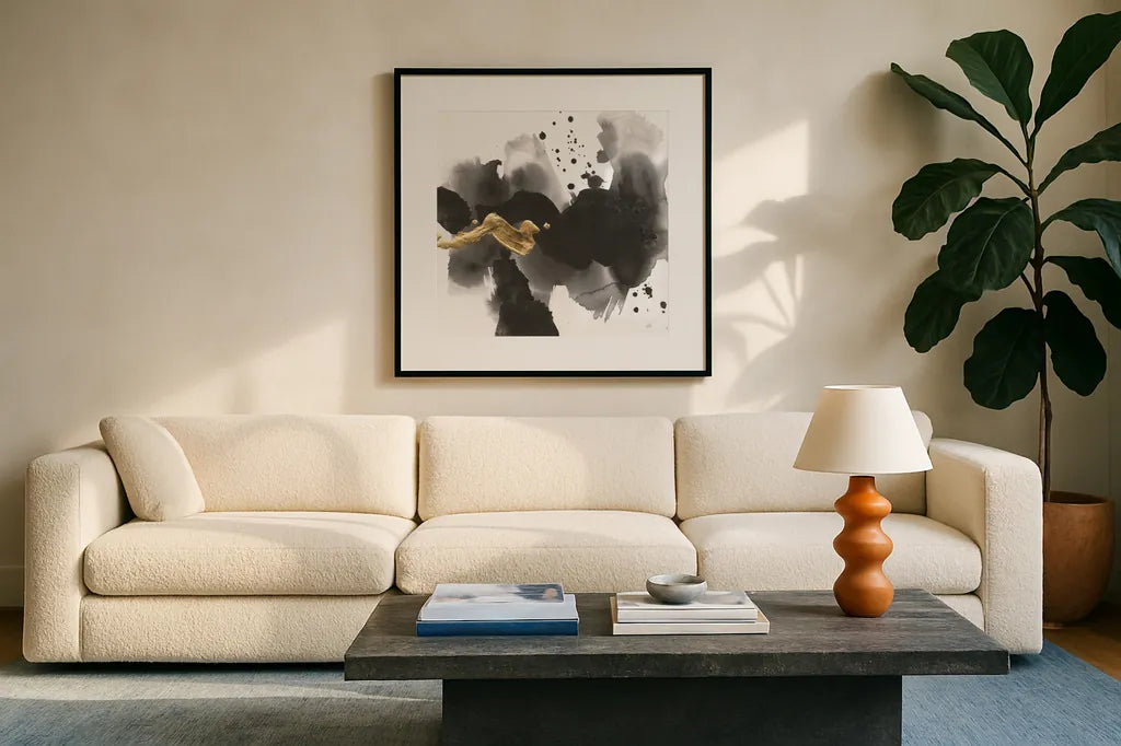 Ink Splash III by Chris Paschke. Displayed in a glass frame with matte in a clean modern living room. Available as an archival giclee rolled canvas, fine art paper, or poster print. SKU 99398a.