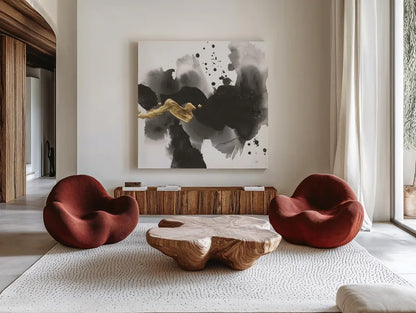 Ink Splash III by Chris Paschke. Shown as extra-large giant wall art in a modern living room. Available as an archival giclee rolled canvas, fine art paper, or poster print. SKU 99398a.