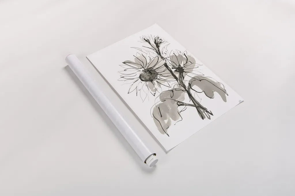 Ink Sunflower I by Chris Paschke. shown as a rolled paper print. Available as archival giclee rolled canvas, fine art paper, or poster print. SKU 74362h.