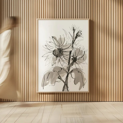 Ink Sunflower I by Chris Paschke. shown as over sized large wall art. Available as an archival giclee rolled canvas, fine art paper, or poster print. SKU 74362h.