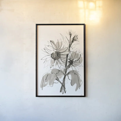 Ink Sunflower I by Chris Paschke. shown as a paper print in a black flame. Available as a archival giclee rolled canvas, fine art paper, or poster print. SKU 74362h.