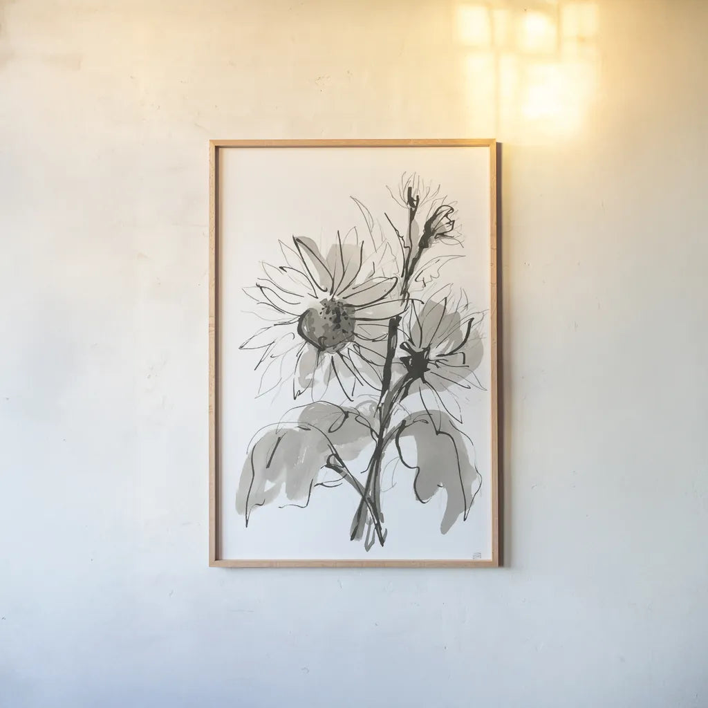 Ink Sunflower I by Chris Paschke. shown as a paper print in a natural frame. Available as a archival giclee rolled canvas, fine art paper, or poster print. SKU 74362h.