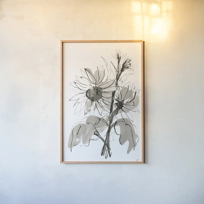 Ink Sunflower I by Chris Paschke. shown as a paper print in a natural frame. Available as a archival giclee rolled canvas, fine art paper, or poster print. SKU 74362h.