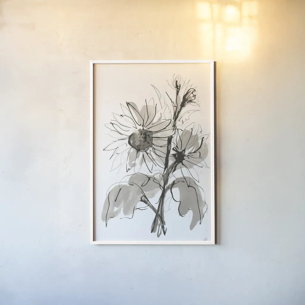 Ink Sunflower I by Chris Paschke. shown as a paper print in a white frame. Available as a archival giclee rolled canvas, fine art paper, or poster print. SKU 74362h.