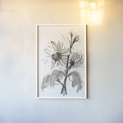 Ink Sunflower I by Chris Paschke. shown as a paper print in a white frame. Available as a archival giclee rolled canvas, fine art paper, or poster print. SKU 74362h.