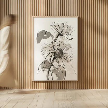 Ink Sunflower II by Chris Paschke. shown as over sized large wall art. Available as an archival giclee rolled canvas, fine art paper, or poster print. SKU 74363h.