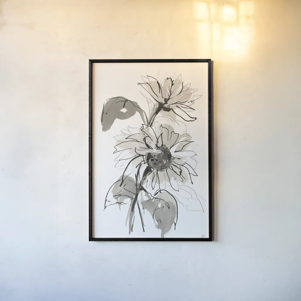 Ink Sunflower II by Chris Paschke. shown as a paper print in a black flame. Available as a archival giclee rolled canvas, fine art paper, or poster print. SKU 74363h.