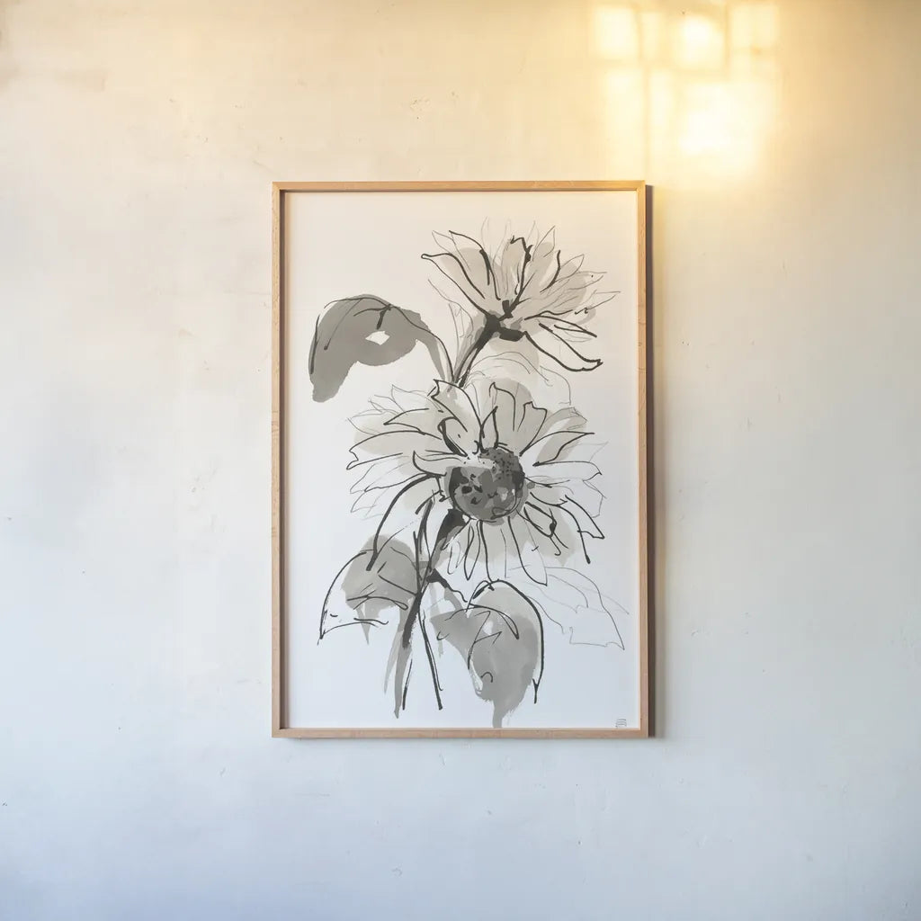 Ink Sunflower II by Chris Paschke. shown as a paper print in a natural frame. Available as a archival giclee rolled canvas, fine art paper, or poster print. SKU 74363h.