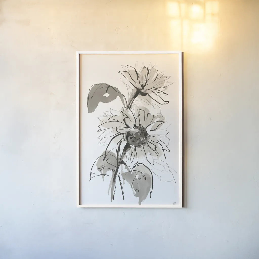 Ink Sunflower II by Chris Paschke. shown as a paper print in a white frame. Available as a archival giclee rolled canvas, fine art paper, or poster print. SKU 74363h.