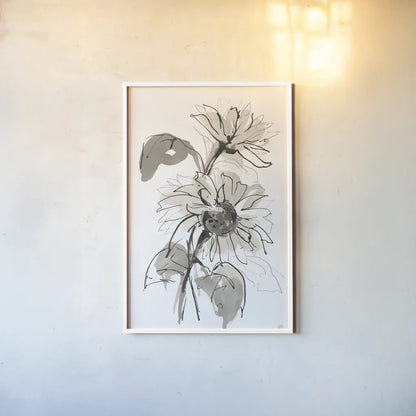 Ink Sunflower II by Chris Paschke. shown as a paper print in a white frame. Available as a archival giclee rolled canvas, fine art paper, or poster print. SKU 74363h.