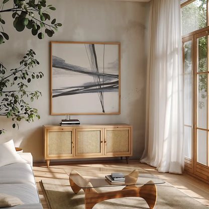 Ink and Pastel II by Chris Paschke. Shown in a natural wood frame in a cozy modern living room. Available as an archival giclee rolled canvas, fine art paper, or poster print. SKU 84560a.