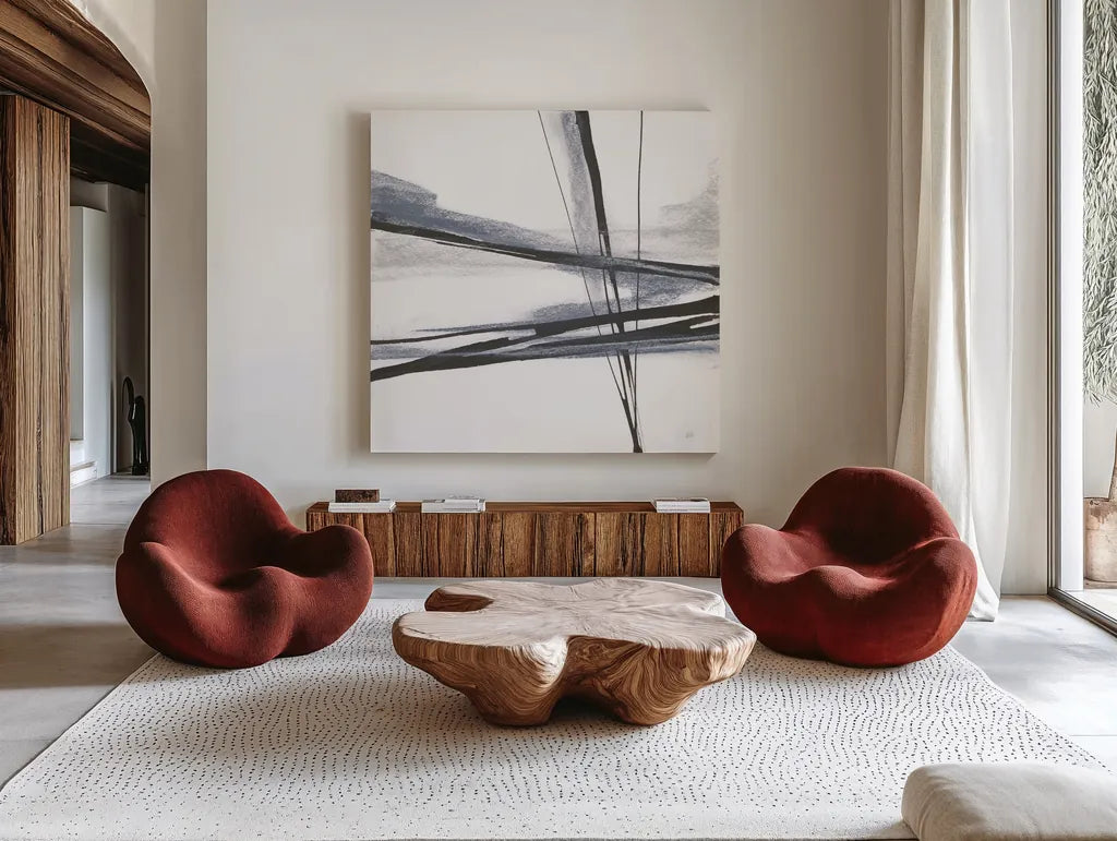 Ink and Pastel II by Chris Paschke. Shown as extra-large giant wall art in a modern living room. Available as an archival giclee rolled canvas, fine art paper, or poster print. SKU 84560a.