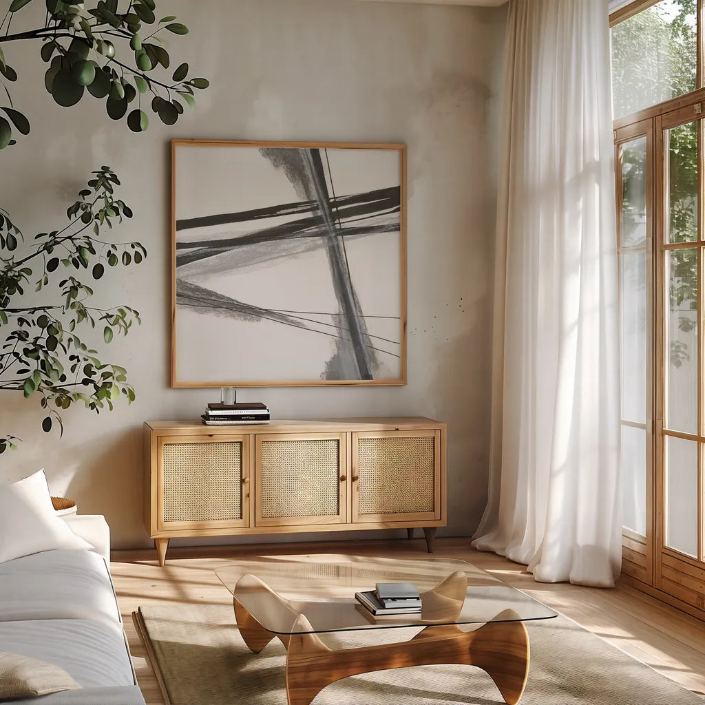 Ink and Pastel IV by Chris Paschke. Shown in a natural wood frame in a cozy modern living room. Available as an archival giclee rolled canvas, fine art paper, or poster print. SKU 84562a.