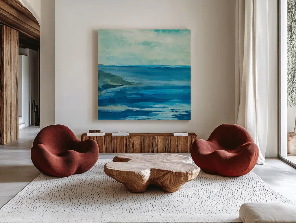 Inlet by Chris Paschke. Shown as extra-large giant wall art in a modern living room. Available as an archival giclee rolled canvas, fine art paper, or poster print. SKU 14962a.