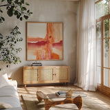 Inner Glow I by Chris Paschke. Shown in a natural wood frame in a cozy modern living room. Available as an archival giclee rolled canvas, fine art paper, or poster print. SKU 15036a.