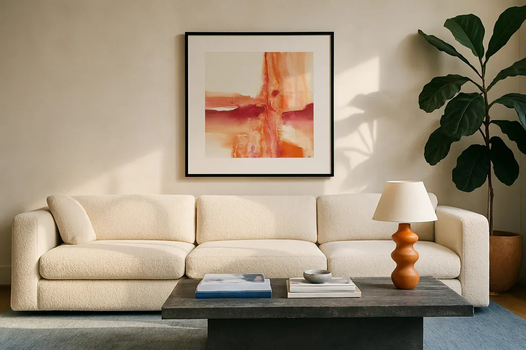 Inner Glow I by Chris Paschke. Displayed in a glass frame with matte in a clean modern living room. Available as an archival giclee rolled canvas, fine art paper, or poster print. SKU 15036a.