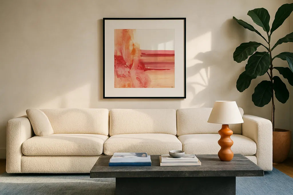 Inner Glow II by Chris Paschke. Displayed in a glass frame with matte in a clean modern living room. Available as an archival giclee rolled canvas, fine art paper, or poster print. SKU 15037a.