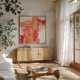 Inner Glow III 27x27 by Chris Paschke. Shown in a natural wood frame in a cozy modern living room. Available as an archival giclee rolled canvas, fine art paper, or poster print. SKU 15038a.