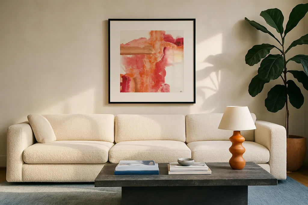 Inner Glow III 27x27 by Chris Paschke. Displayed in a glass frame with matte in a clean modern living room. Available as an archival giclee rolled canvas, fine art paper, or poster print. SKU 15038a.