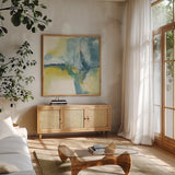 Inner Spirit by Chris Paschke. Shown in a natural wood frame in a cozy modern living room. Available as an archival giclee rolled canvas, fine art paper, or poster print. SKU 14730a.