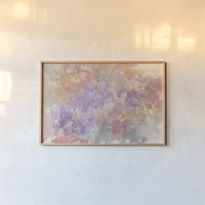 Intimate Freesia by Chris Paschke. shown as a paper print in a natural frame. Available as a archival giclee rolled canvas, fine art paper, or poster print. SKU 50271i.