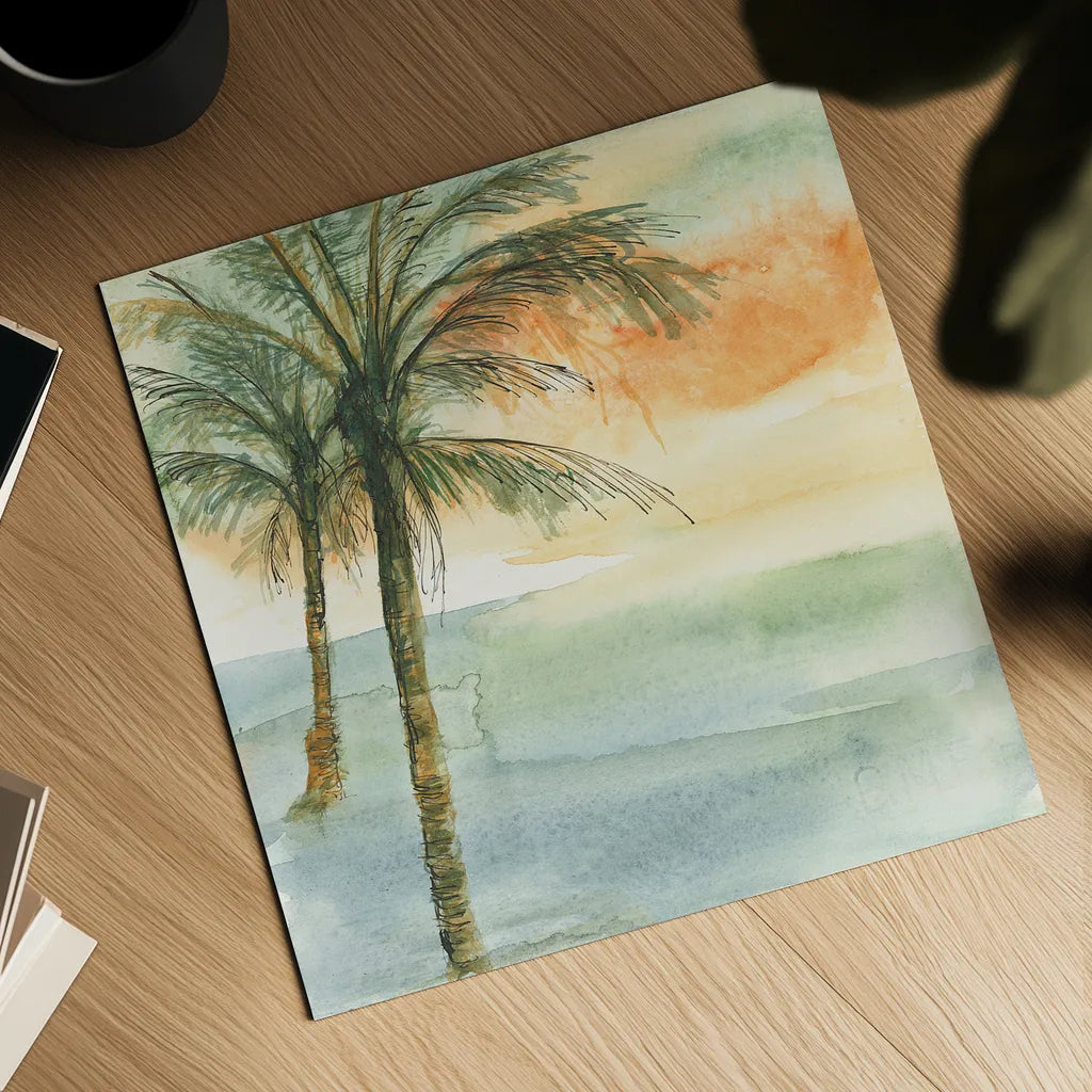 Island Sunset I by Chris Paschke. Shown as a detailed flat fine art print, highlighting archival giclee quality. Available as an archival giclee rolled canvas, fine art paper, or poster print. SKU 23897a.