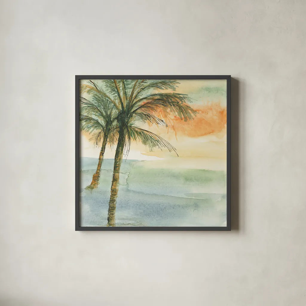 Island Sunset I by Chris Paschke. Shown in a sleek black glass frame for a contemporary gallery look. Available as an archival giclee rolled canvas, fine art paper, or poster print. SKU 23897a.