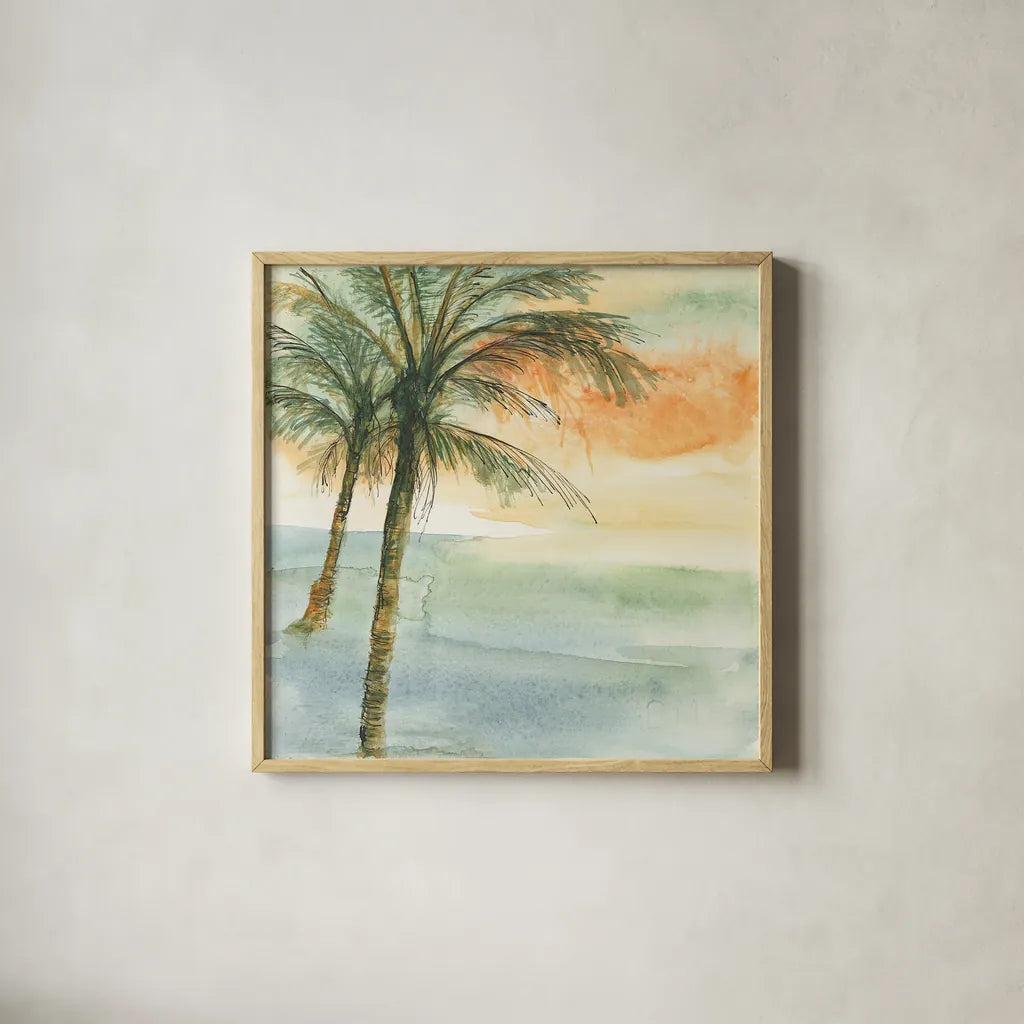 Island Sunset I by Chris Paschke. Shown in a natural wood glass frame for a timeless modern aesthetic. Available as an archival giclee rolled canvas, fine art paper, or poster print. SKU 23897a.