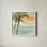 Island Sunset I by Chris Paschke. Shown in a crisp white glass frame for a clean and minimalist style. Available as an archival giclee rolled canvas, fine art paper, or poster print. SKU 23897a.