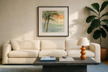 Island Sunset I by Chris Paschke. Displayed in a glass frame with matte in a clean modern living room. Available as an archival giclee rolled canvas, fine art paper, or poster print. SKU 23897a.