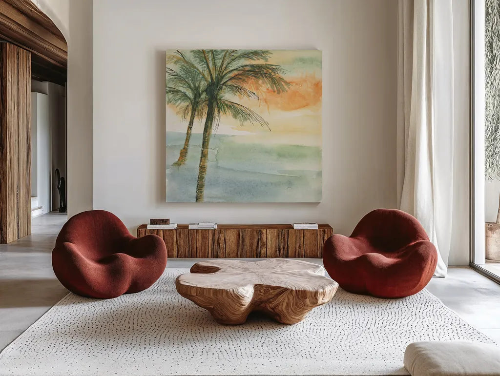 Island Sunset I by Chris Paschke. Shown as extra-large giant wall art in a modern living room. Available as an archival giclee rolled canvas, fine art paper, or poster print. SKU 23897a.