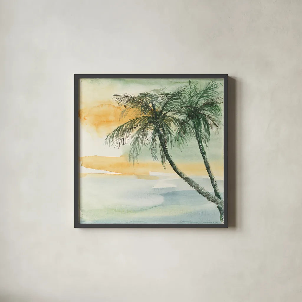 Island Sunset II by Chris Paschke. Shown in a sleek black glass frame for a contemporary gallery look. Available as an archival giclee rolled canvas, fine art paper, or poster print. SKU 23898a.